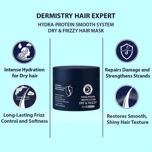 Dermistry: Dry Damaged & Frizzy Hair Mask with Hyaluronic Acid Ceramides for Hydration Frizz Control 200ml