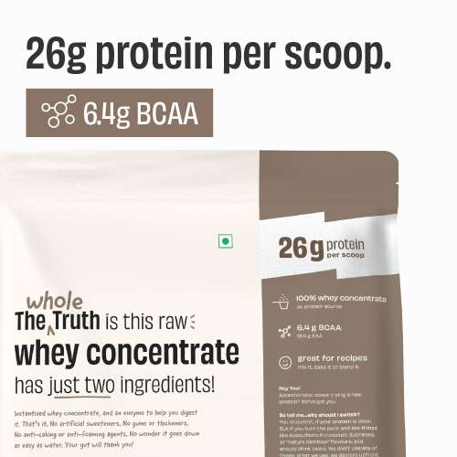 The Whole Truth: Whey Protein Concentrate Unflavoured 1 kg (2.2 lbs)  26g Protein per scoop  6.4g BCAA  100% Authentic Whey & No Adulteration  Clean and Light  Muscle Building  Vegetarian