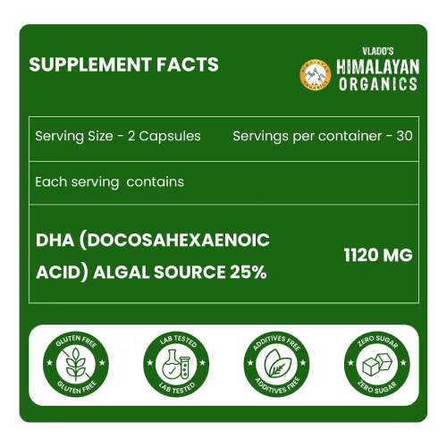 Vlado's Himalayan Organics: Vegetarian Omega 3 - 1120 MG Supplement | 3X Strength | Veg DHA | Vegetarian Omega 3 | Algal DHA | Plant Based | No Fish oil Used I Healthy Heart, Joints & Eyes I Omega Capsules for Men & Women- 60 Veg Capsules