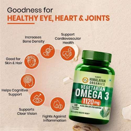 Vlado's Himalayan Organics: Vegetarian Omega 3 - 1120 MG Supplement | 3X Strength | Veg DHA | Vegetarian Omega 3 | Algal DHA | Plant Based | No Fish oil Used I Healthy Heart, Joints & Eyes I Omega Capsules for Men & Women- 60 Veg Capsules