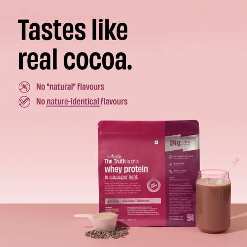 The Whole Truth: Whey Protein Isolate+Concentrate  Light Cocoa 1 kg (2.2 lbs)  24g Protein/Scoop  6.6g BCAA  100% Authentic Whey & No Adulteration  Clean, Light & Easy to Digest