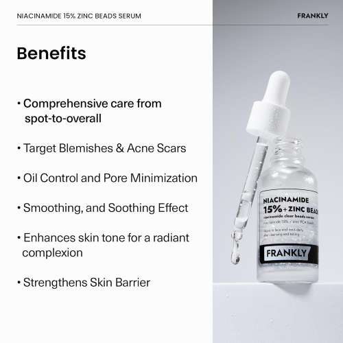 Frankly: Niacinamide 15% + Zinc Beads Serum | Pore Control | Oil Control | Acne Care | Redness Reduction | Dark Spot Correcting | Korean Skincare | 30ml