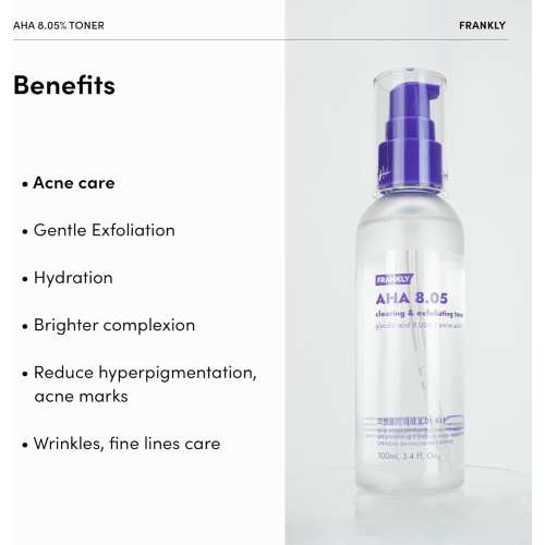 Frankly: AHA 8% Toner | Chemical Exfoliant | Glycolic Acid | Pore Refining | Skin Texture | Dead Skin Removal | Korean Skincare | 100ml