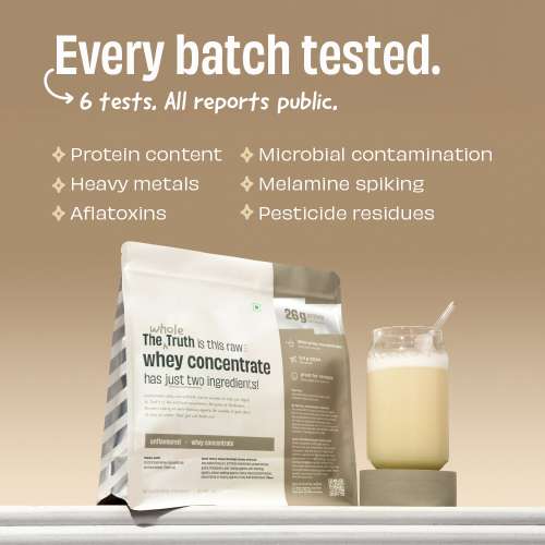 The Whole Truth: Whey Protein Concentrate Unflavoured 1 kg (2.2 lbs)  26g Protein per scoop  6.4g BCAA  100% Authentic Whey & No Adulteration  Clean and Light  Muscle Building  Vegetarian