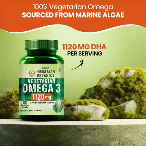 Vlado's Himalayan Organics: Vegetarian Omega 3 - 1120 MG Supplement | 3X Strength | Veg DHA | Vegetarian Omega 3 | Algal DHA | Plant Based | No Fish oil Used I Healthy Heart, Joints & Eyes I Omega Capsules for Men & Women- 60 Veg Capsules