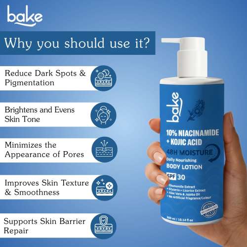 Bake Cosmetics: 10% Niacinamide + Kojic Acid Body Lotion with SPF 30 for Pigmentation, Skin Brightening & Smooth Texture | 48H Hydration 300ml
