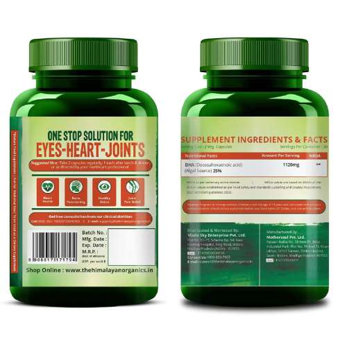 Vlado's Himalayan Organics: Vegetarian Omega 3 - 1120 MG Supplement | 3X Strength | Veg DHA | Vegetarian Omega 3 | Algal DHA | Plant Based | No Fish oil Used I Healthy Heart, Joints & Eyes I Omega Capsules for Men & Women- 60 Veg Capsules