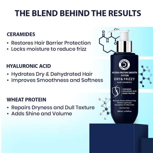 Dermistry: Dry Frizzy Hair Shampoo Ceramides Hyaluronic Acid for Smoothening Hydrating Frizz Control 200ml