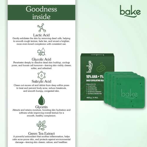 Bake Cosmetics: 10% AHA + 1% BHA Scrub Treatment Soap with Lactic Acid For Clogged Pores, Exfoliation, Strawberry Skin & Bright Underarms Pack of 4(100gm x 4)
