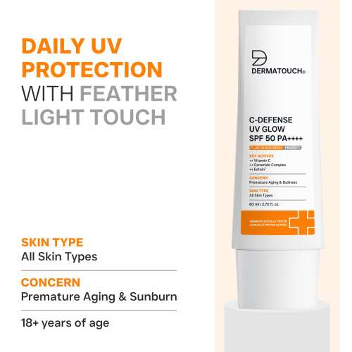 Dermatouch: C-DEFENSE UV GLOW SPF 50 PA++++ Fluid Sunscreen I for Premature Aging & Sunburn I In-Vivo & In-Vitro Tested | Suitable for All Skin Types | 80ml