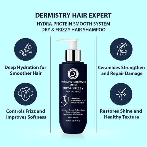 Dermistry: Dry Frizzy Hair Shampoo Ceramides Hyaluronic Acid for Smoothening Hydrating Frizz Control 200ml
