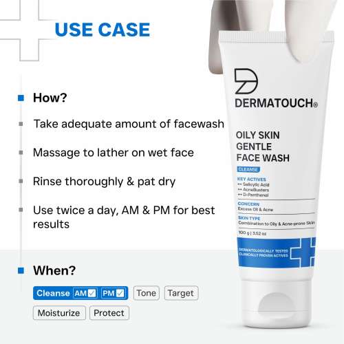 Dermatouch: Oily Skin Gentle Face Wash with Salicylic Acid & AcneBusters Daily Cleanser for Excess Oil, Acne & Clogged Pores | pH Balanced Formula for Combination to Oily & Acne-Prone Skin | 100gm