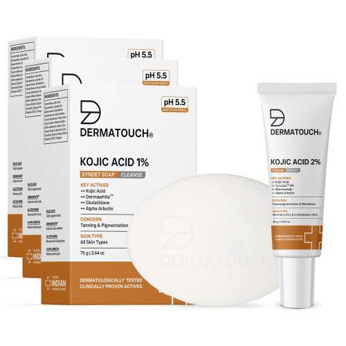 Dermatouch: Pigmentation Care Combo | Kojic Acid 1% Soap 75g (Pack of 3) & Kojic Acid 2% Cream 15gm | For Dark Spots, Tanning & Uneven Skin Tone | For Men & Women