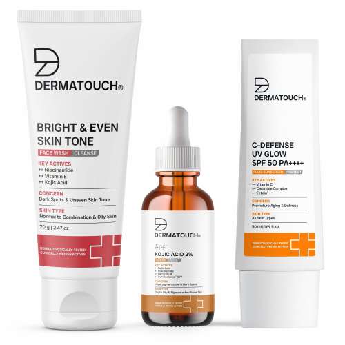 Dermatouch: Bright & Even Tone Kit for All Skin Types | Face Wash 70gm + Kojic Acid 2% Serum 30ml + Sunscreen PA++++ 50ml| Niacinamide, Kojic Acid & Vitamin E | Dark Spots, Uneven Tone, Tanning & Dullness
