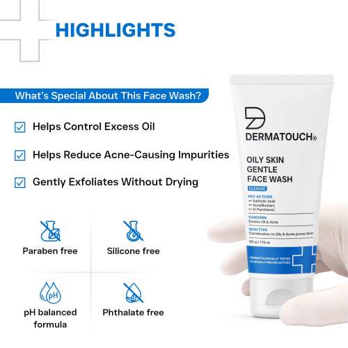 Dermatouch: Oily Skin Gentle Face Wash with Salicylic Acid & AcneBusters Daily Cleanser for Excess Oil, Acne & Clogged Pores | pH Balanced Formula for Combination to Oily & Acne-Prone Skin | 50gm