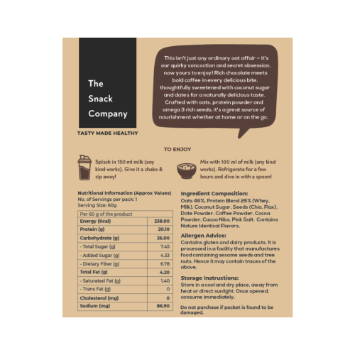 The Snack Company: Protein Oats Pack of 3 - Mocha Brew | 20.1g Protein | 6.78g Fibre | No Soy | Whey & Milk Protein Blend 180gm