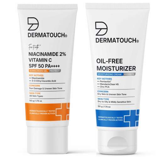 Dermatouch: Daily Glow Combo for All Skin Types | Oil-Free Moisturiser 50gm + Niacinamide 2% & Vitamin C Sunscreen SPF 50 PA++++ 50gm | Tanning, Sun Damage, Hydration & Uneven Tone | Dermatologically Tested 