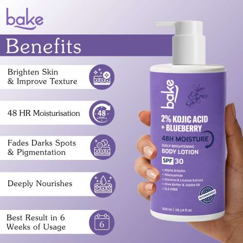 Bake Cosmetics: 2% Kojic Acid + Blueberry Body Lotion SPF 30 with Alpha Arbutin for Pigmentation, Dark Spots, Uneven Skin Tone & Tan Removal | 48H Moisture | 300ml