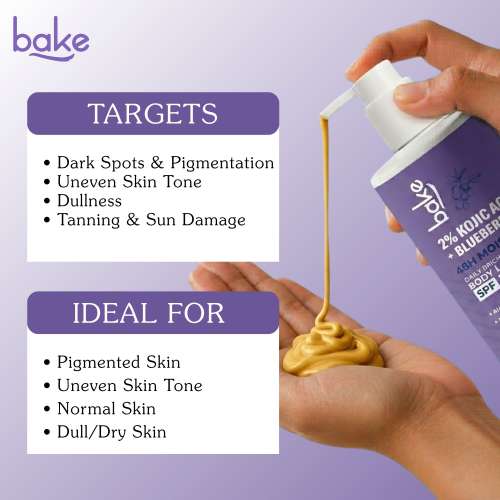 Bake Cosmetics: 2% Kojic Acid + Blueberry Body Lotion SPF 30 with Alpha Arbutin for Pigmentation, Dark Spots, Uneven Skin Tone & Tan Removal | 48H Moisture | 300ml