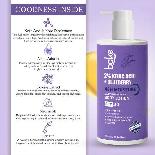 Bake Cosmetics: 2% Kojic Acid + Blueberry Body Lotion SPF 30 with Alpha Arbutin for Pigmentation, Dark Spots, Uneven Skin Tone & Tan Removal | 48H Moisture | 300ml