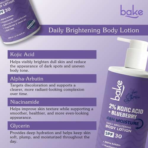 Bake Cosmetics: 2% Kojic Acid + Blueberry Body Lotion SPF 30 with Alpha Arbutin for Pigmentation, Dark Spots, Uneven Skin Tone & Tan Removal | 48H Moisture | 300ml