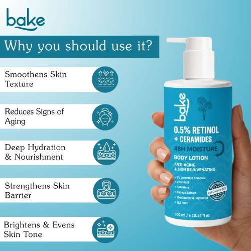 Bake Cosmetics: 0.5% Retinol + Ceramides Body Lotion for 48H Moisture, Anti-Aging, Skin Repair & Rejuvenation 300ml