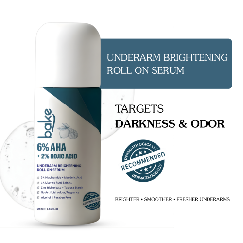 Bake Cosmetics: 6% AHA Underarm Brightening Roll On Serum with 2% Kojic Acid and 3% Niacinamide for Dark Underarms, Pigmentation & Odour Control - 50ml