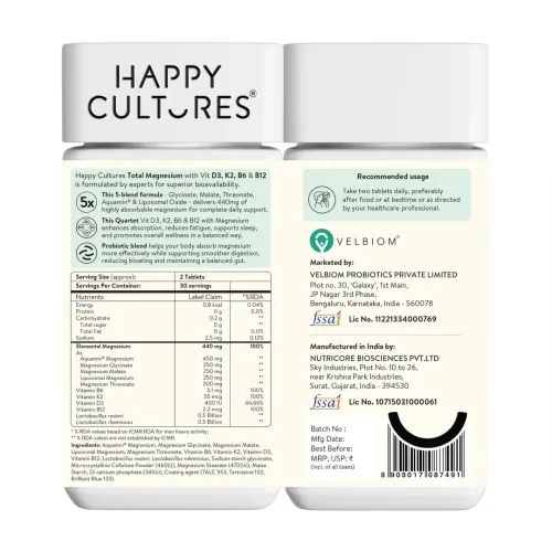 Happy Cultures: 5X Total Magnesium Capsules - 1400mg | 440mg Elemental Magnesium | With Vitamin D3, K2, B6 & B12 | Supports Deep Sleep, Muscle Recovery & Heart Health |100gm|60 Tablets