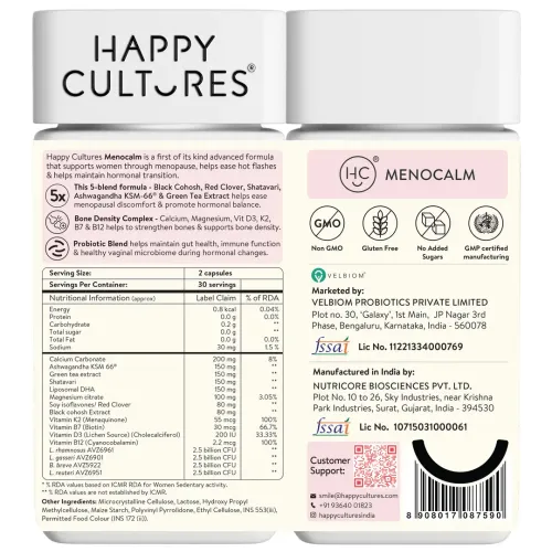 Happy Cultures: Menocalm with Vitamin D3, K2, B7 & B12 | Supports Menopause Wellness | With Shatavari, Calcium, Black Cohosh & Red Clover | Multi-Strain Probiotics |100gm| 60 Capsules