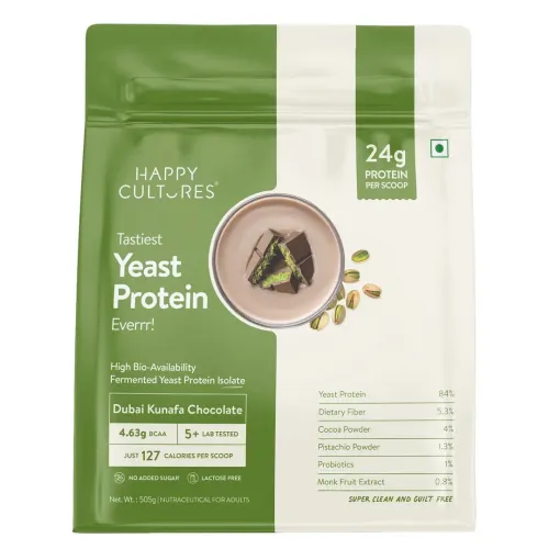 Happy Cultures: Dubai Kunafa Chocolate Fermented Yeast Protein Isolate|24g Protein|PDCAAS of 1|No Bloat, Heat-Stable | Has All 9 Essential Amino Acids| 505gm