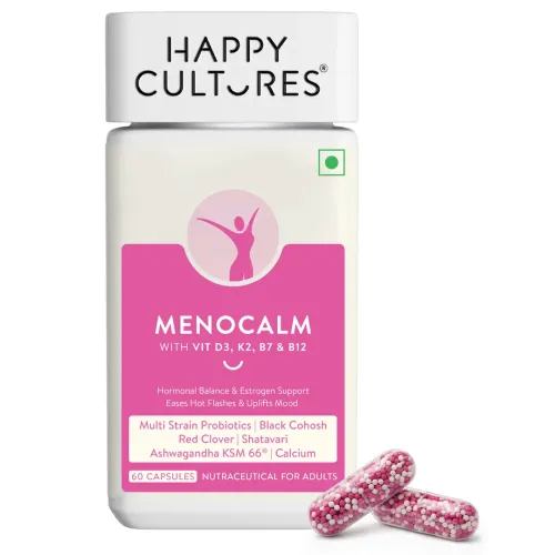 Happy Cultures: Menocalm with Vitamin D3, K2, B7 & B12 | Supports Menopause Wellness | With Shatavari, Calcium, Black Cohosh & Red Clover | Multi-Strain Probiotics |100gm| 60 Capsules