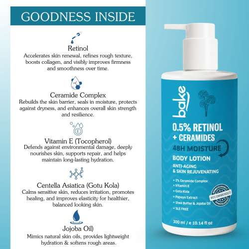 Bake Cosmetics: 0.5% Retinol + Ceramides Body Lotion for 48H Moisture, Anti-Aging, Skin Repair & Rejuvenation 300ml
