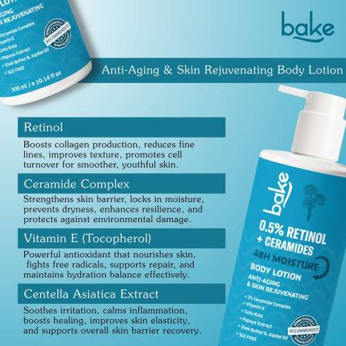Bake Cosmetics: 0.5% Retinol + Ceramides Body Lotion for 48H Moisture, Anti-Aging, Skin Repair & Rejuvenation 300ml