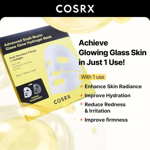COSRX: Advance Snail Mucin Glass Glow Hydogel Mask | Hydrating & Brightening | Korean Skincare | 34gm x 3EA