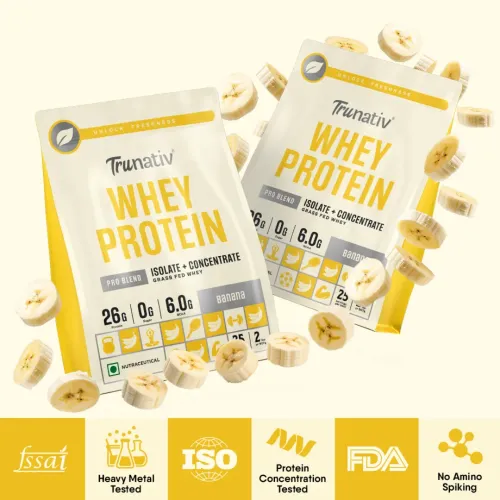 TruNativ: Whey Protein Isolate & Concentrate Pro Blend | 26g Protein & 6g BCAA Per Scoop | Light and Clean Whey Protein Powder Blend | No Added Sugar | Higher Protein Absorption | Trustified Certified | Banana 907gm (2lbs)