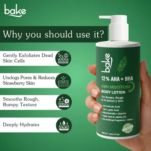 Bake Cosmetics: 12% AHA + BHA Body Lotion with Lactic Acid & Salicylic Acid for Body Acne, Rough & Bumpy Skin, Strawberry Legs 300ml