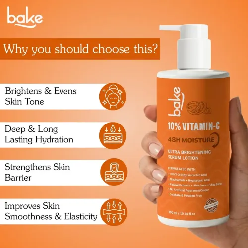 Bake Cosmetics: 10% Vitamin C Ultra Brightening Serum Body Lotion with Niacinamide for Even Skin Tone & Skin Barrier Support 300ml