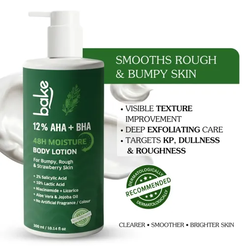 Bake Cosmetics: 12% AHA + BHA Body Lotion with Lactic Acid & Salicylic Acid for Body Acne, Rough & Bumpy Skin, Strawberry Legs 300ml