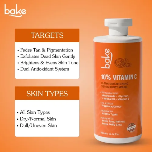 Bake Cosmetics: 10% Vitamin C Ultra Brightening Serum Body Wash with Niacinamide for Tan, Even Tone & Glow 300ml