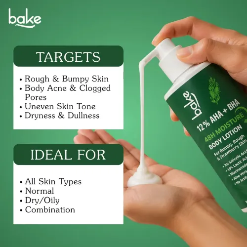 Bake Cosmetics: 12% AHA + BHA Body Lotion with Lactic Acid & Salicylic Acid for Body Acne, Rough & Bumpy Skin, Strawberry Legs 300ml