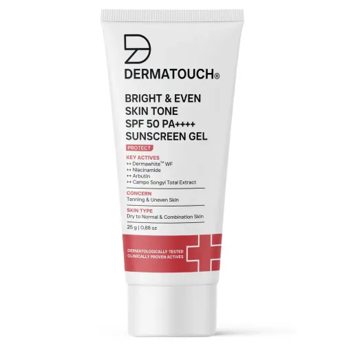 Dermatouch: Bright & Even Skin Tone SPF 50 PA++++ Sunscreen Gel with Dermawhite WF, Niacinamide, Arbutin & Campo Songyi Extract | Broad Spectrum UV Protection | Helps Reduce Tanning & Uneven Skin Tone | Lightweight Gel for Dry to Normal & Combination Skin | 25gm
