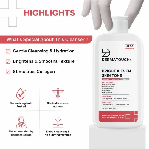 Dermatouch: Bright & Even Skin Tone Gentle Cleanser | Helps Reduce Dark Spots & Uneven Tone | pH 5.5 Daily Face Wash | 250ml