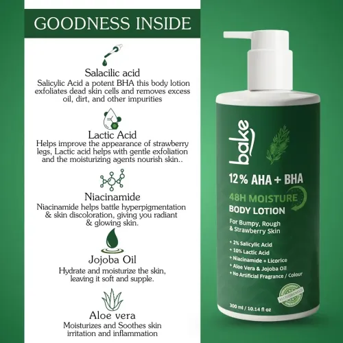Bake Cosmetics: 12% AHA + BHA Body Lotion with Lactic Acid & Salicylic Acid for Body Acne, Rough & Bumpy Skin, Strawberry Legs 300ml