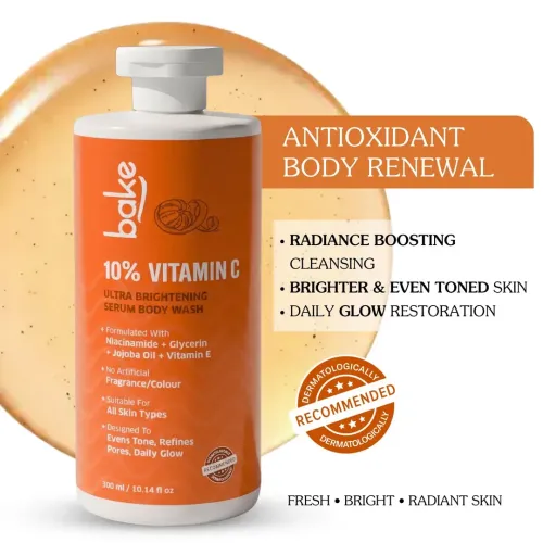 Bake Cosmetics: 10% Vitamin C Ultra Brightening Serum Body Wash with Niacinamide for Tan, Even Tone & Glow 300ml
