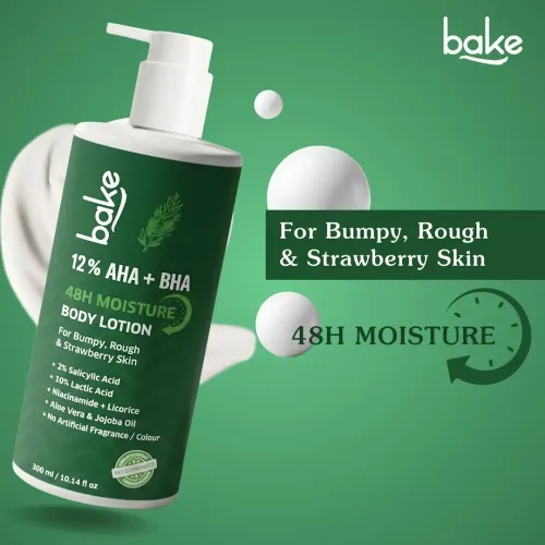 Bake Cosmetics: 12% AHA + BHA Body Lotion with Lactic Acid & Salicylic Acid for Body Acne, Rough & Bumpy Skin, Strawberry Legs 300ml