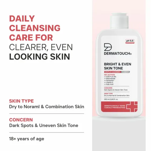 Dermatouch: Bright & Even Skin Tone Gentle Cleanser | Helps Reduce Dark Spots & Uneven Tone | pH 5.5 Daily Face Wash | 250ml
