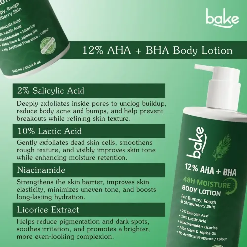 Bake Cosmetics: 12% AHA + BHA Body Lotion with Lactic Acid & Salicylic Acid for Body Acne, Rough & Bumpy Skin, Strawberry Legs 300ml