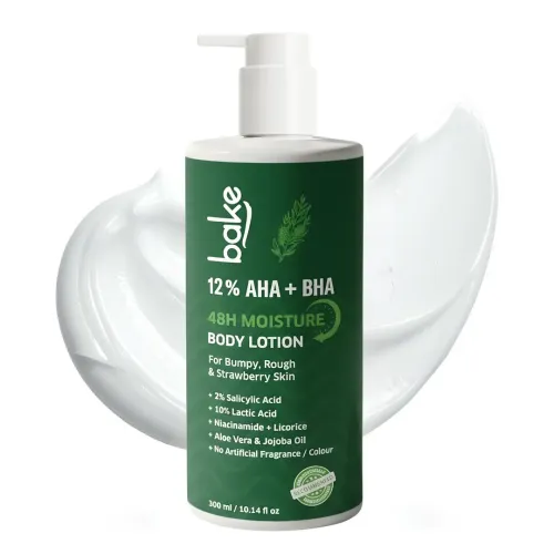 Bake Cosmetics: 12% AHA + BHA Body Lotion with Lactic Acid & Salicylic Acid for Body Acne, Rough & Bumpy Skin, Strawberry Legs 300ml