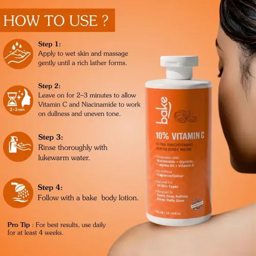 Bake Cosmetics: 10% Vitamin C Ultra Brightening Serum Body Wash with Niacinamide for Tan, Even Tone & Glow 300ml