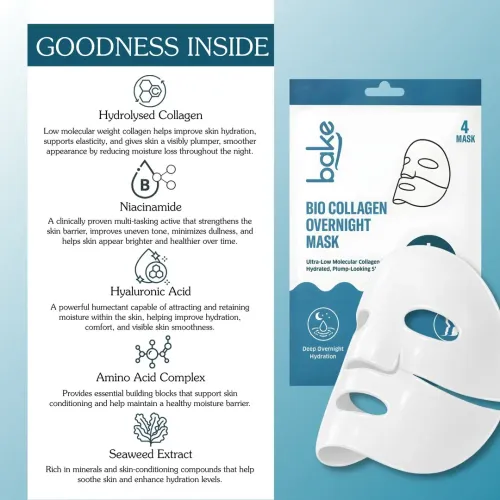 Bake Cosmetics: Bio Collagen Overnight Hydrogel Mask with Niacinamide for Deep Hydration, Firming & Plump Skin 40gm*4 Pack of 4